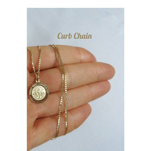 10K Real Gold First Holy Communion Pendant 20" Curb Religious Medallion Necklace - Picture 4 of 4